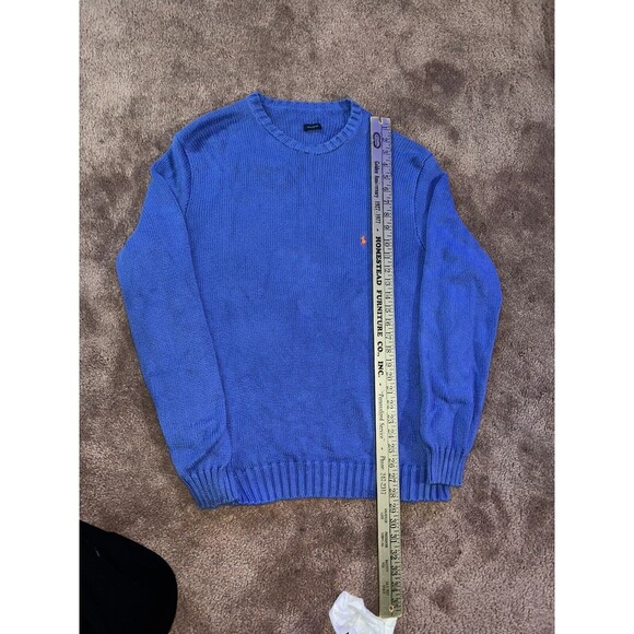 Vintage Polo Ralph Lauren Cotton Blue Knit Sweater Large Crewneck Orange Logo - Picture 1 of 4